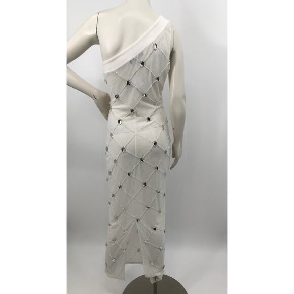 Akira White Chrissy Sheer Mesh Beaded Midi Party Dress Medium - Picture 9 of 15